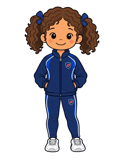 Ilustración de una niña con el chándal completo azul marino de Morna