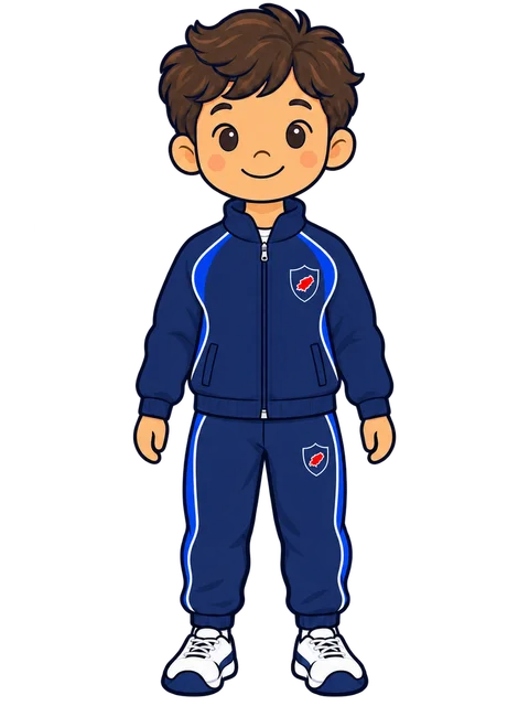 Ilustración de un niño con el chándal completo azul marino de Morna