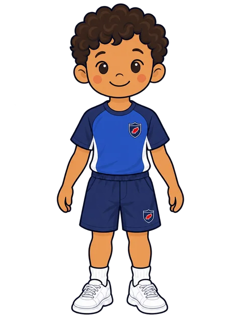 Ilustración de un niño con la camiseta deportiva de Morna y pantalón corto deportivo azul marino