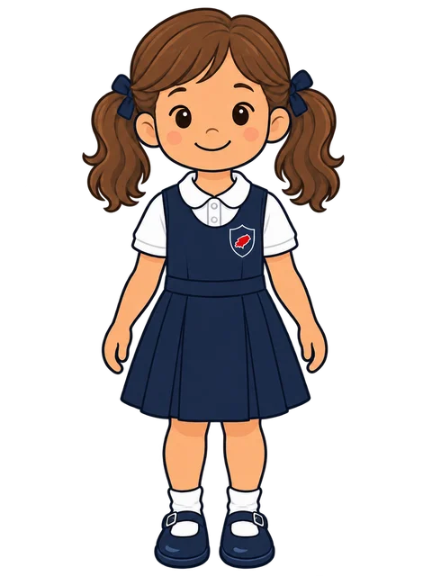 Ilustración de una niña con pichi azul marino sobre el polo blanco de Morna