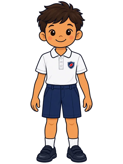 Ilustración de un niño con el polo blanco de Morna y el pantalón corto de vestir azul marino de Morna
