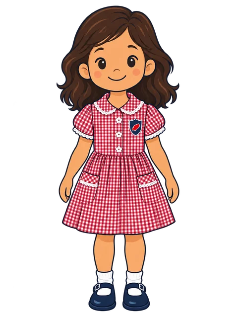 Illustration of a child in the red gingham summer dress with the Morna crest