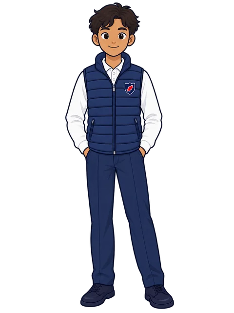 Ilustración de un alumno de Secundaria con el chaleco acolchado azul marino de Morna, camisa blanca y pantalón de vestir azul marino