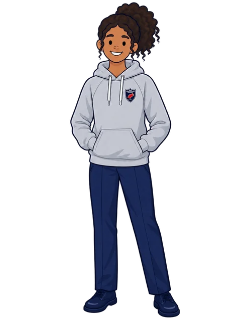 Ilustración de una alumna de Secundaria con la sudadera gris de Morna y pantalón de vestir azul marino