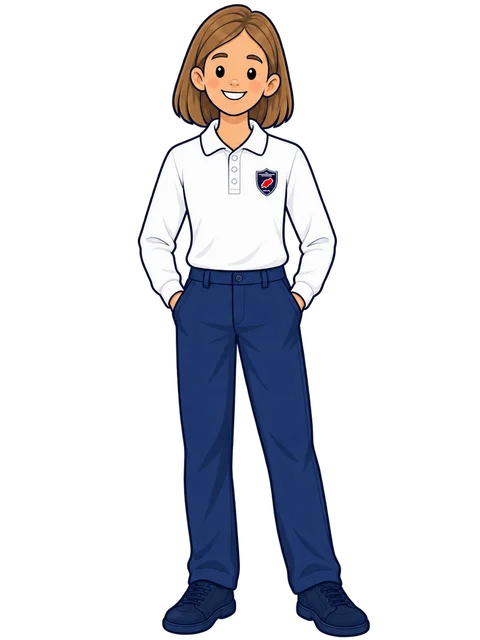 Ilustración de una alumna de Secundaria con el polo blanco de manga larga de Morna y pantalón azul marino