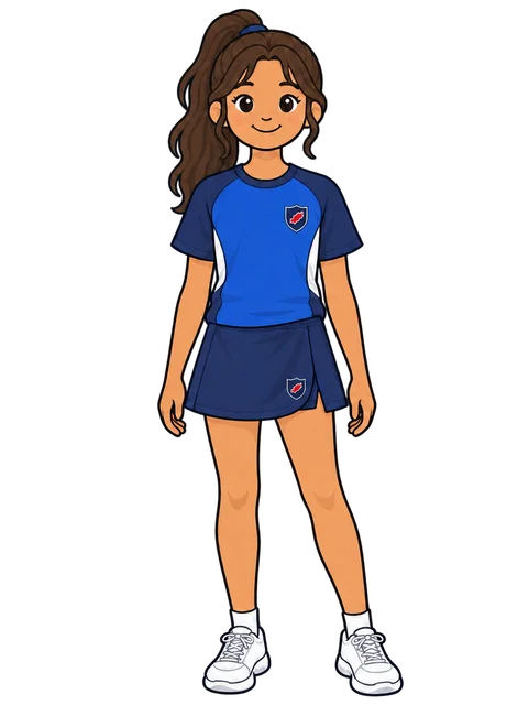 Ilustración de una alumna de Secundaria con la camiseta deportiva de Morna y falda-pantalón azul marino