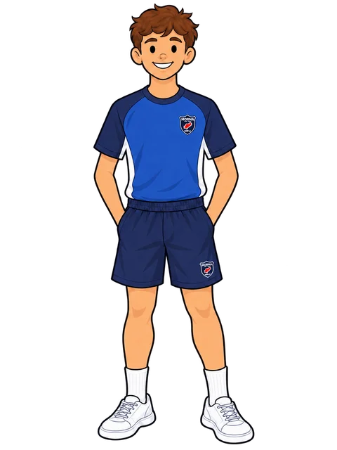 Illustration of a Secondary student in the Morna PE t-shirt and navy PE shorts