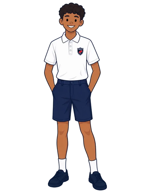 Ilustración de un alumno de Secundaria con el polo blanco de Morna y pantalón corto azul marino de vestir
