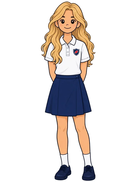 Ilustración de una alumna de Secundaria con el polo blanco de Morna y falda azul marino