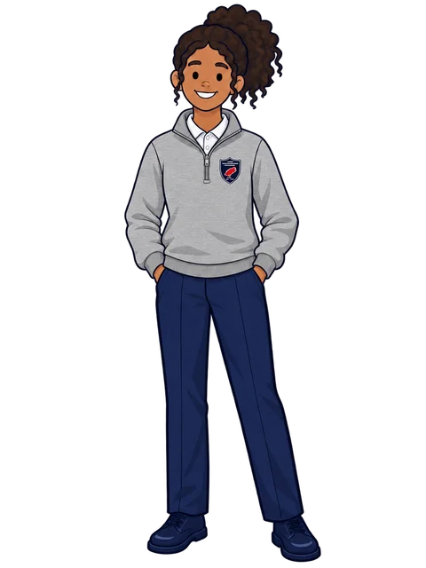 Ilustración de una alumna de Secundaria con la sudadera gris de media cremallera de Morna y pantalón azul marino