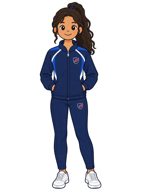 Illustration of a Secondary student in the navy Morna PE tracksuit with joggers