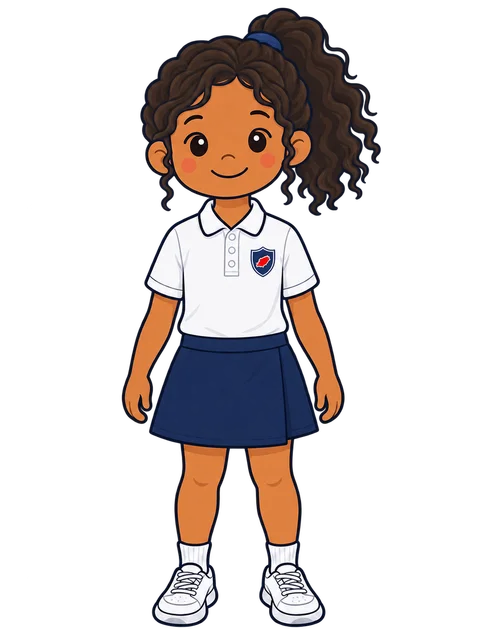 Ilustración de una alumna de Upper Primary con el polo blanco de Morna y la falda-pantalón azul marino oficial de Morna