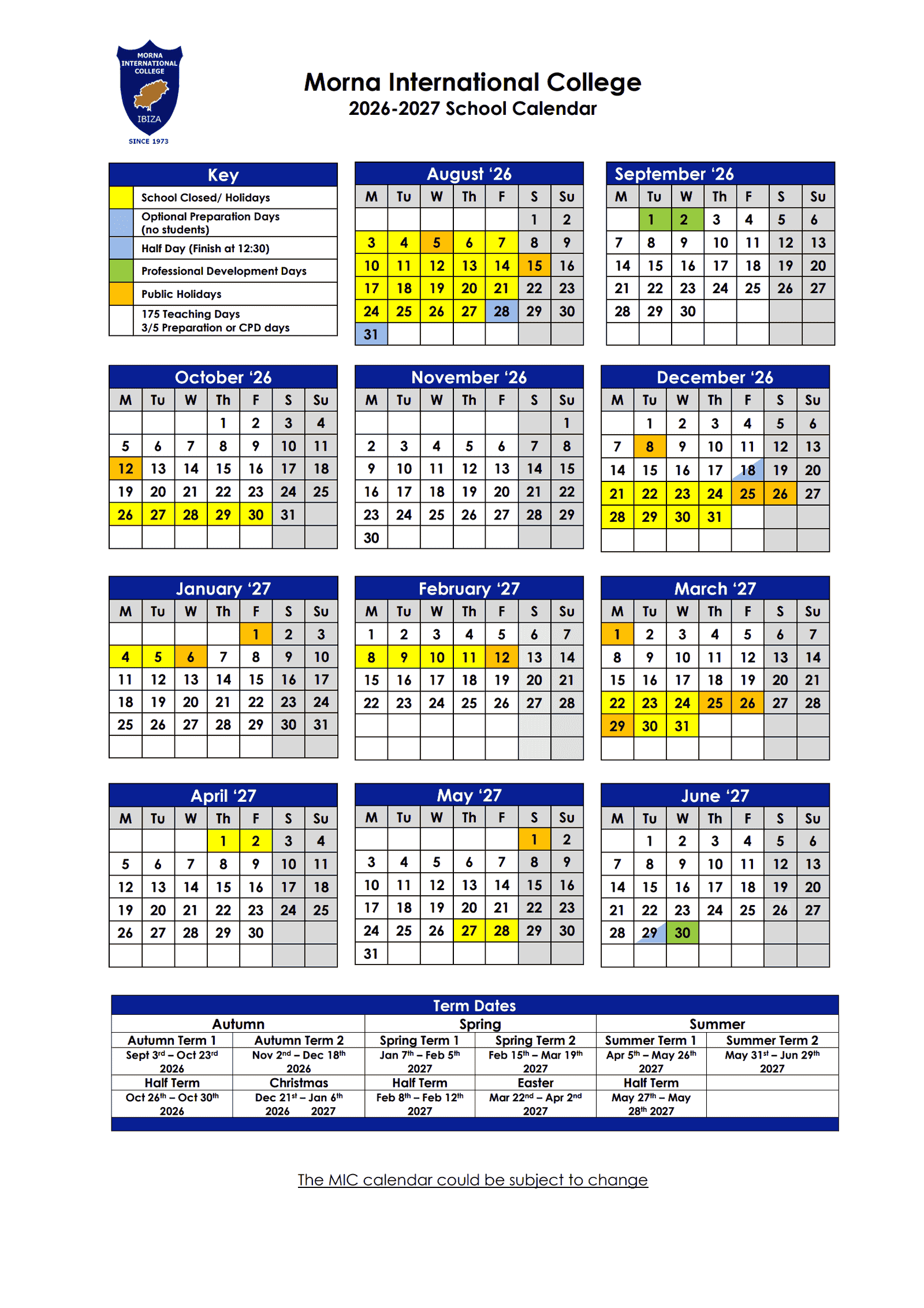 Morna International College 2026–2027 school calendar: term dates, holidays, professional development days and public holidays.