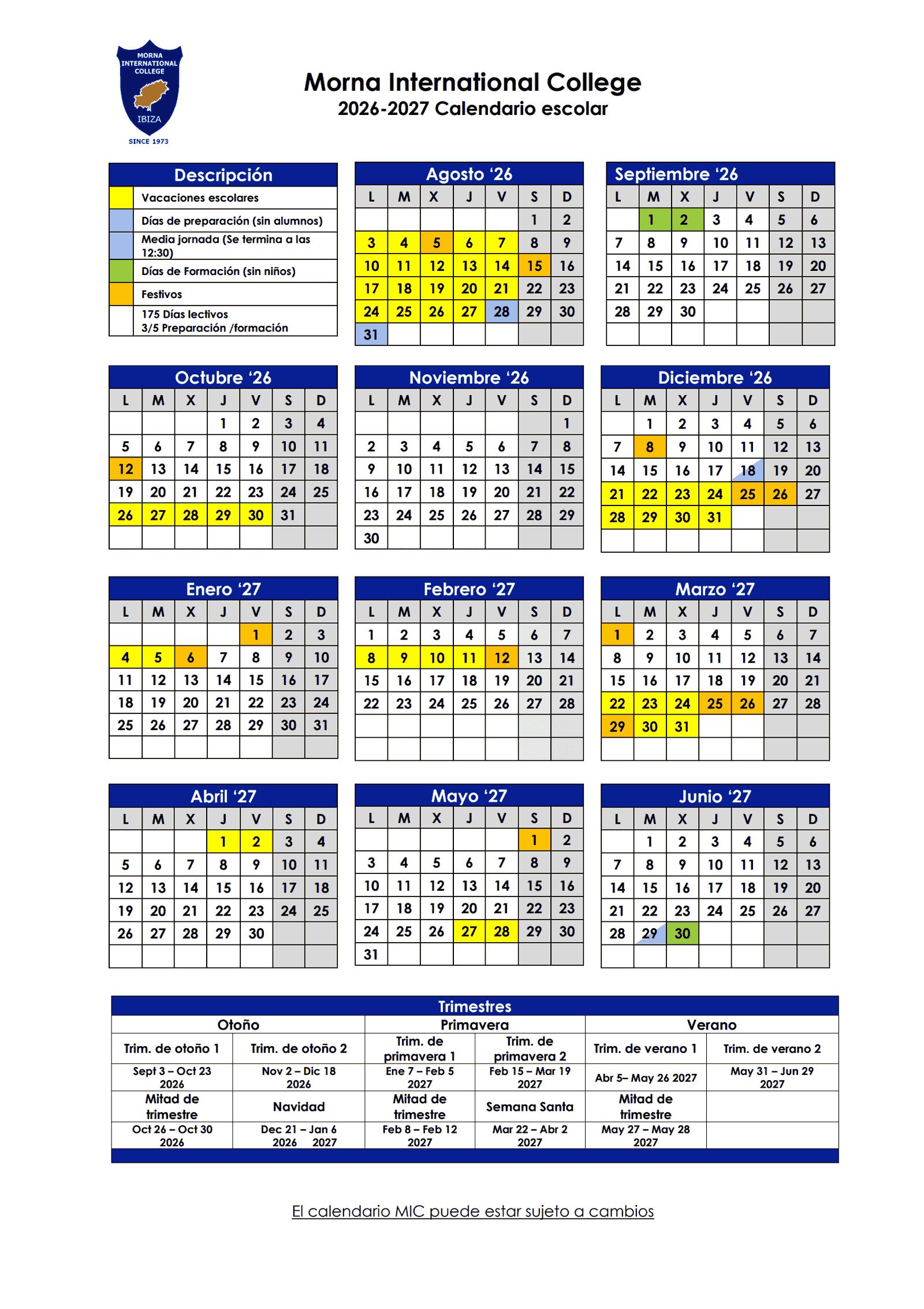 Calendario escolar 2026–2027 de Morna International College: fechas de los trimestres, vacaciones, días de formación y festivos.